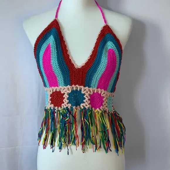 Handmade Crochet Halter Top Fringe Boho Festival Rainbow Knit Crop Top - Picture 3 of 5
